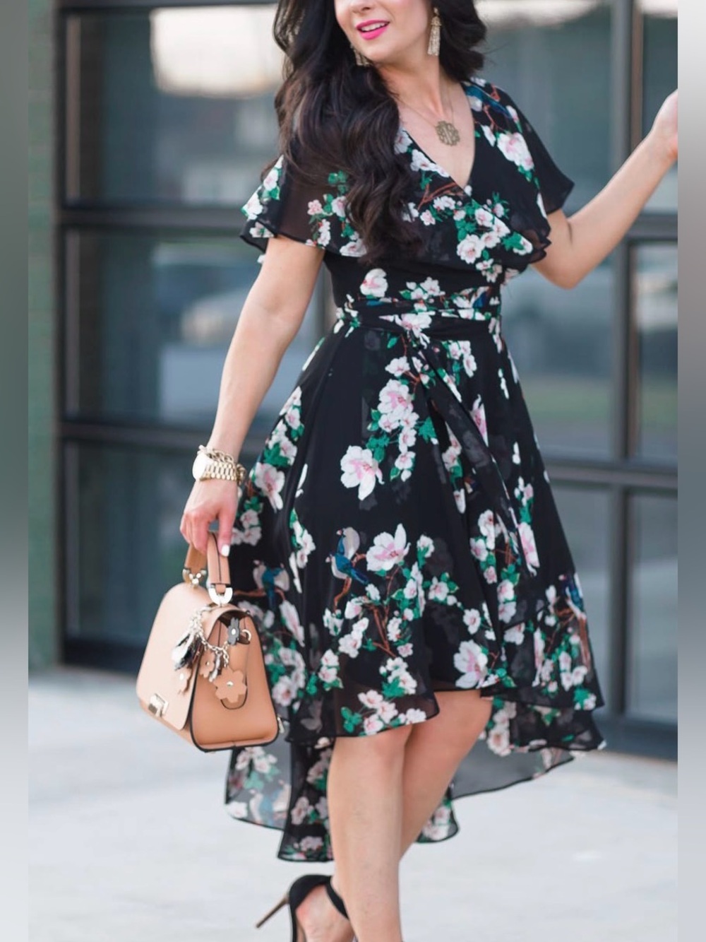 Eliza J Flutter Sleeve High/Low Faux Wrap Dress with White Blossoms (Like New)